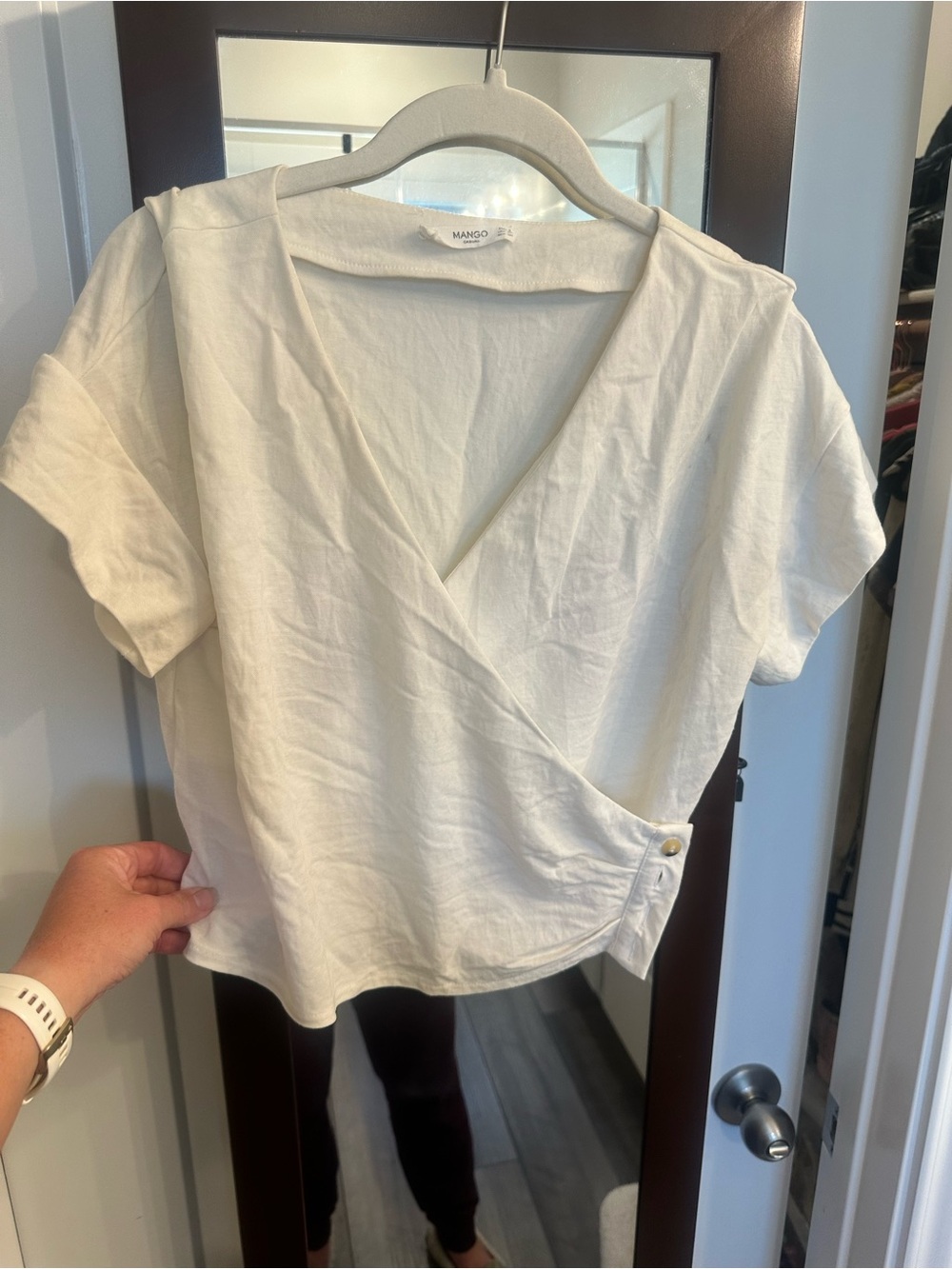 Mango Cream Wrap-Front Short Sleeve Blouse